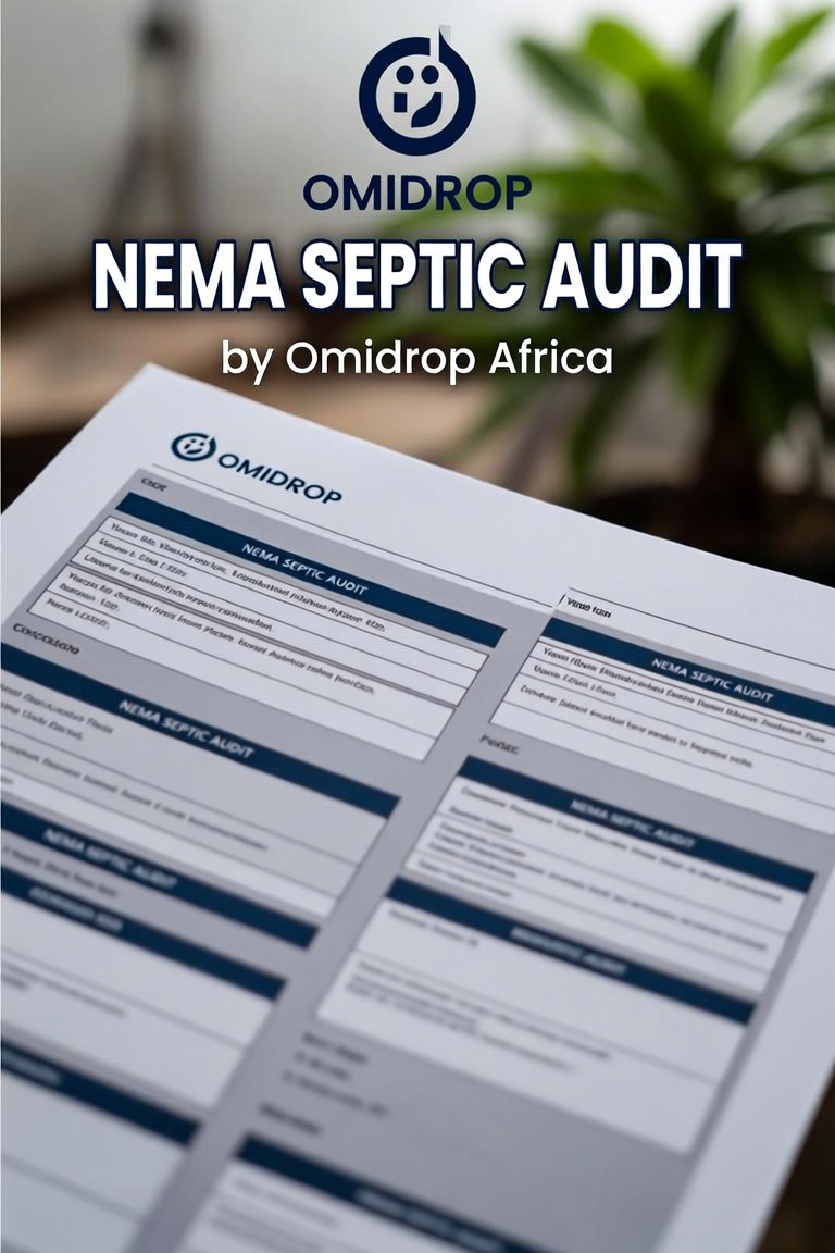 Omidrop Africa auditor inspecting institutional water and sanitation infrastructure for a WASH compliance report in Kenya